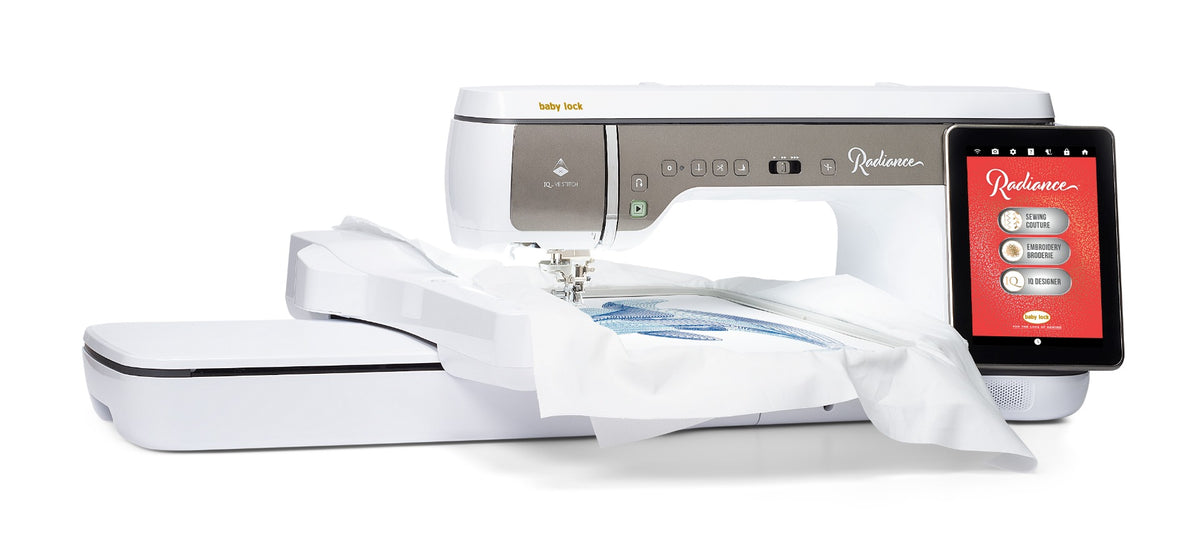 Sewing machine with a tablet displaying a sewing app on a white background