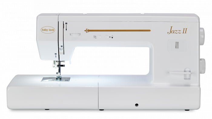 Baby lock Jazz 2 Sewing Machine, a white sewing machine with a clear workspace and labeled with the brand and model name.