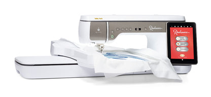 Sewing machine with a tablet displaying a sewing app on a white background